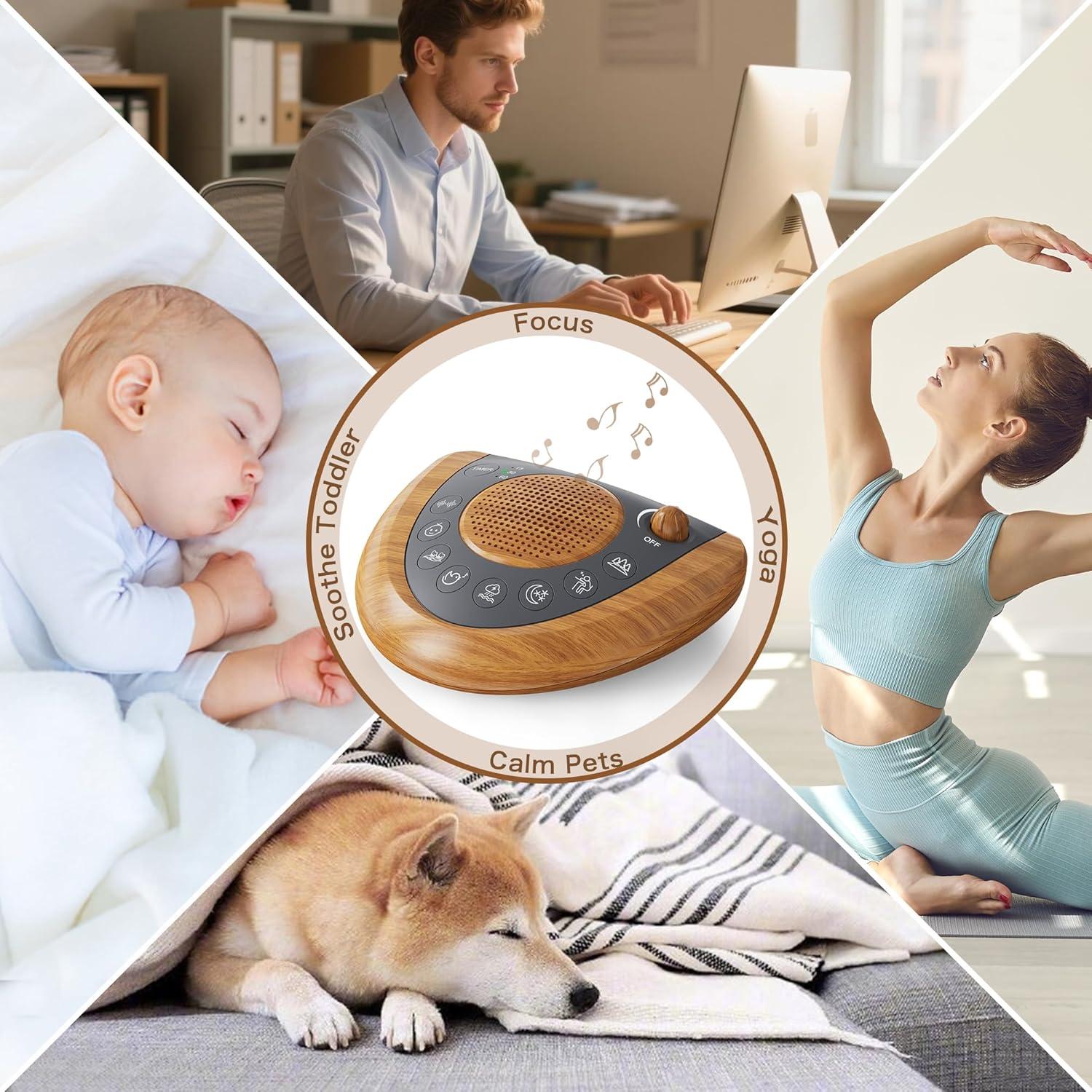 image:imageRaynic White Noise Machine Battery Powered Sound Machine Portable Sleep Machine with 24 Natural Soothing Sounds Timer USB Port Headphone Jack for Baby Kids Adults Travel Office Home SilverYellow Wood Grain