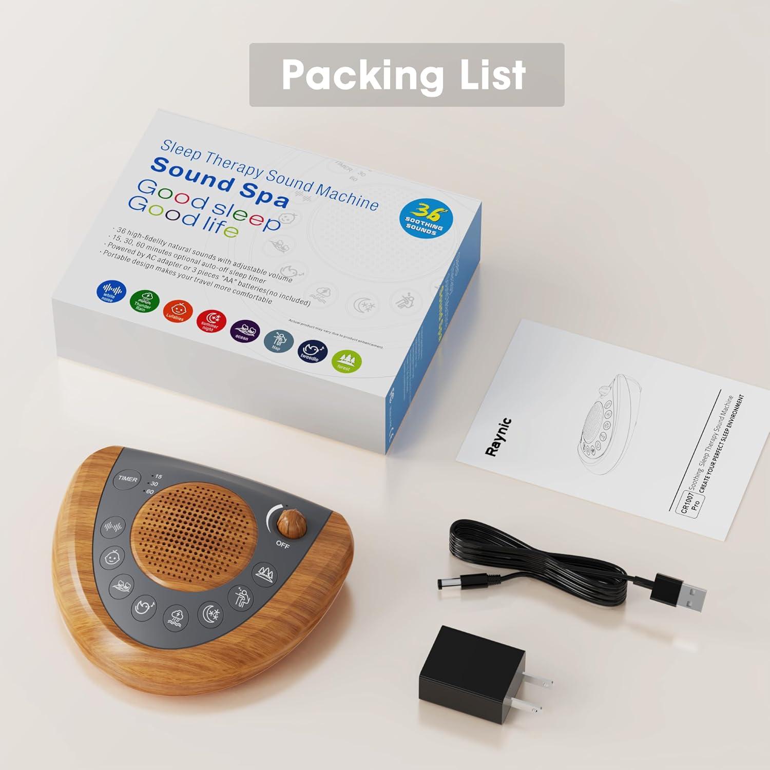 image:imageRaynic White Noise Machine Battery Powered Sound Machine Portable Sleep Machine with 24 Natural Soothing Sounds Timer USB Port Headphone Jack for Baby Kids Adults Travel Office Home SilverYellow Wood Grain