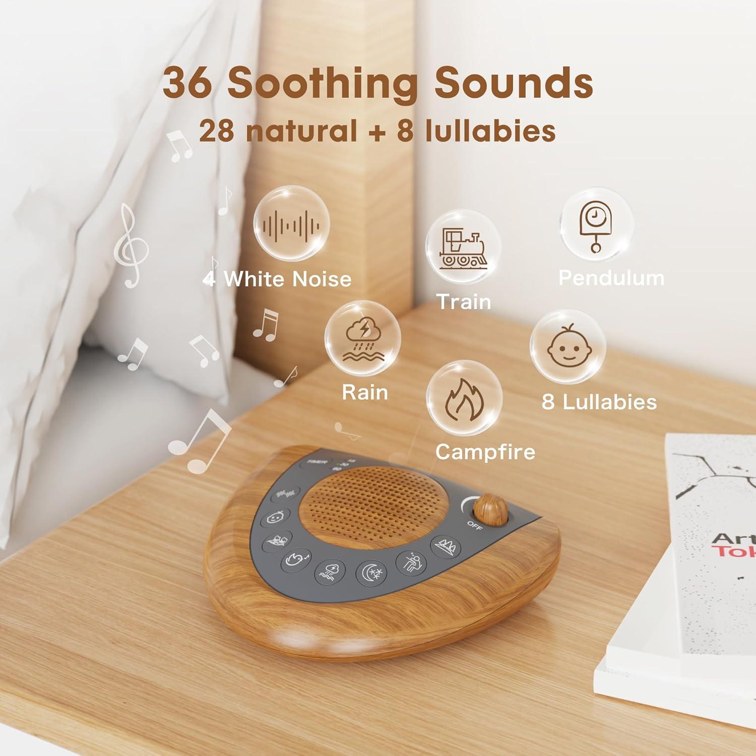 image:imageRaynic White Noise Machine Battery Powered Sound Machine Portable Sleep Machine with 24 Natural Soothing Sounds Timer USB Port Headphone Jack for Baby Kids Adults Travel Office Home SilverYellow Wood Grain