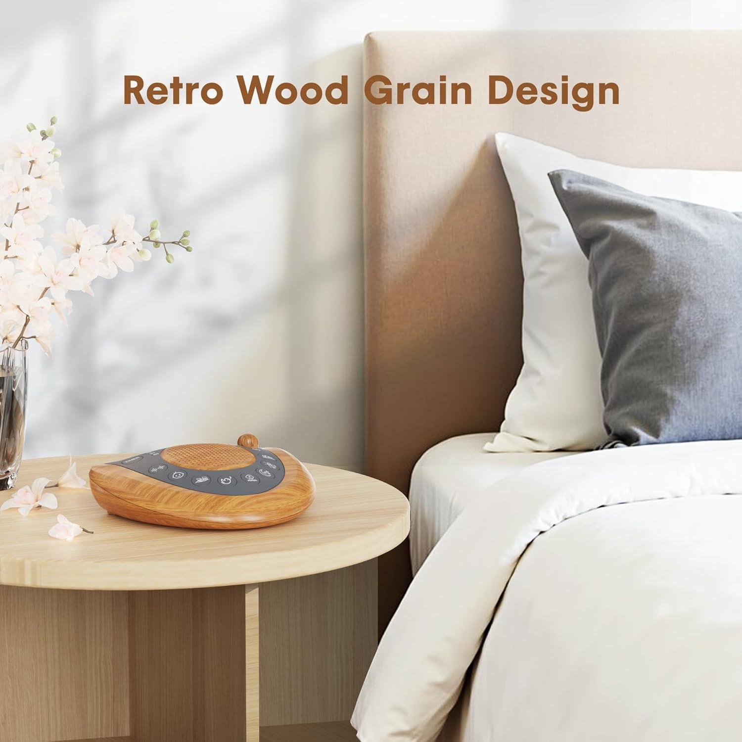 image:imageRaynic White Noise Machine Battery Powered Sound Machine Portable Sleep Machine with 24 Natural Soothing Sounds Timer USB Port Headphone Jack for Baby Kids Adults Travel Office Home SilverYellow Wood Grain