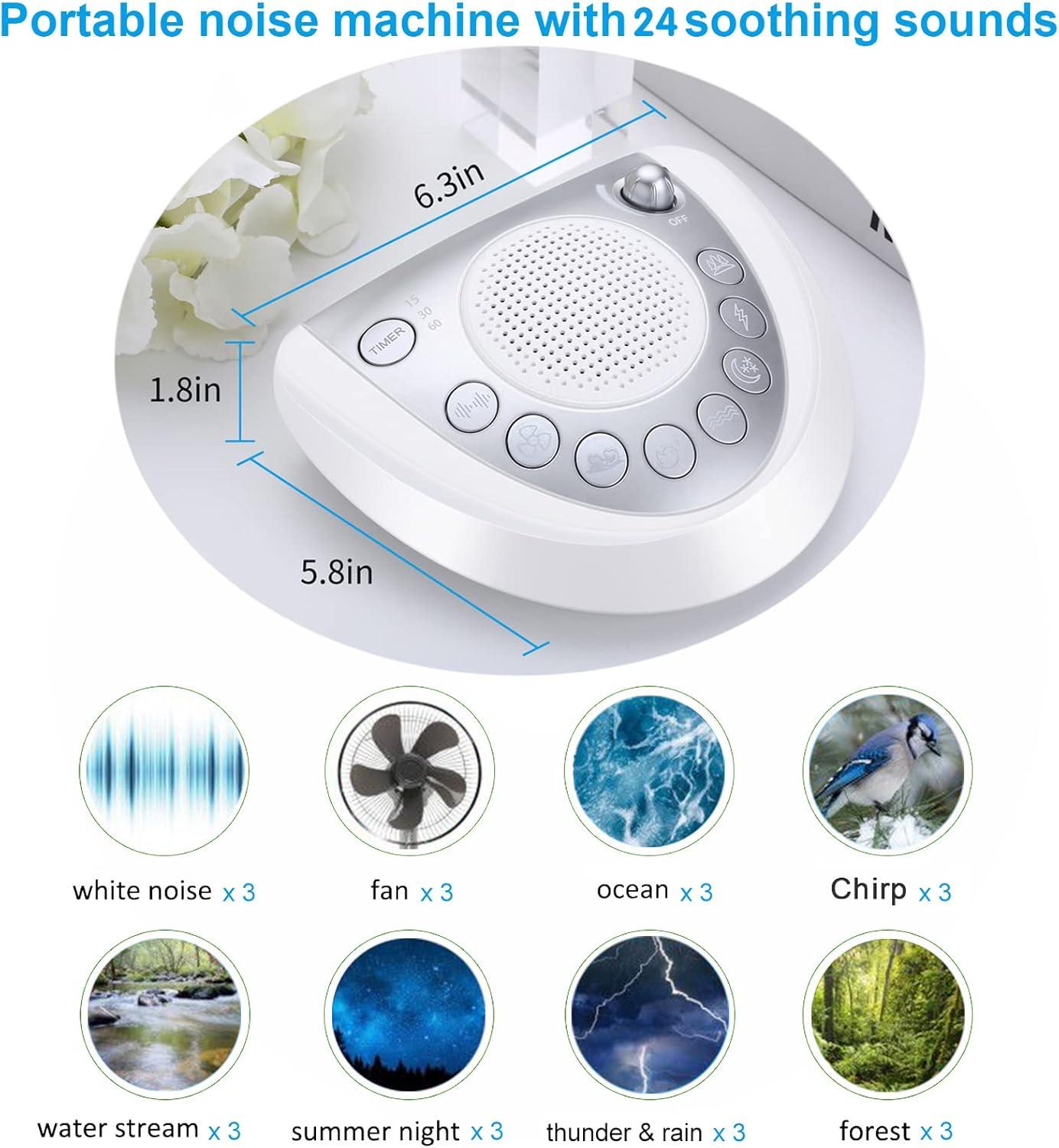 image:imageRaynic White Noise Machine Battery Powered Sound Machine Portable Sleep Machine with 24 Natural Soothing Sounds Timer USB Port Headphone Jack for Baby Kids Adults Travel Office Home SilverSilver