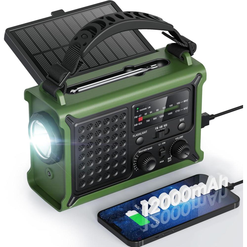 image:imageRaynic 12000mAh Emergency Weather Radio AMFMNOAA Solar Hand Crank Radio with 2X Panel USB amp USBC Charging LED Flashlight Reading Light amp SOS for Power Outages Hurricane Storms CampingOliveGreen