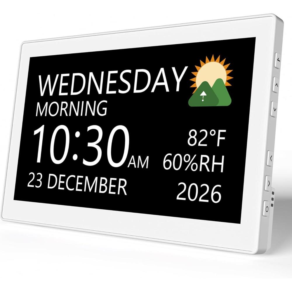 image:imageRaynic Digital Clock 101 Inch Large Display Calendar Clock with 12 Themes 20 Alarms 20 Reminders Auto Dimming 1224 Hours Indoor Temperature Humidity for Seniors Desk BlackWhite