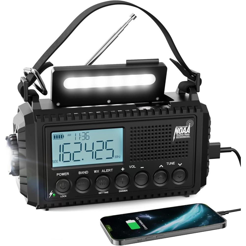 image:imageRaynic Weather Radio 5000mAh18500mWh NOAA Weather Radio Solar Hand Crank Emergency Radio with AMFMSWNOAA Weather Alert Flashlight Reading Lamp Cell Phone Charger and SOS SirenBlackLCD Display