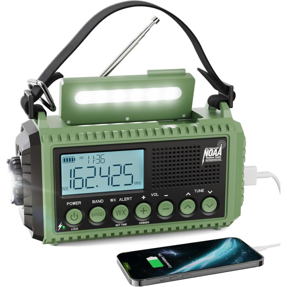 image:imageRaynic Weather Radio 5000mAh18500mWh NOAA Weather Radio Solar Hand Crank Emergency Radio with AMFMSWNOAA Weather Alert Flashlight Reading Lamp Cell Phone Charger and SOS SirenOliveGreenLCD Display