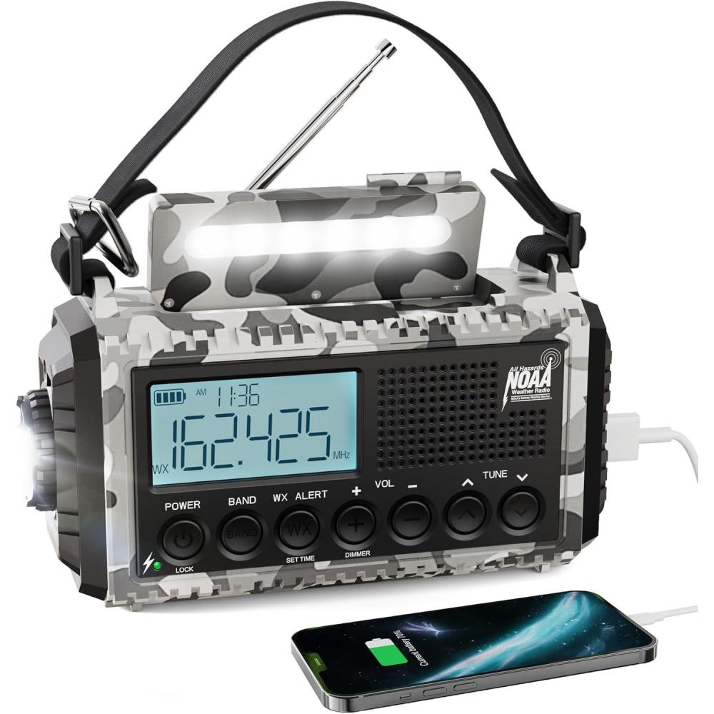image:imageRaynic Weather Radio 5000mAh18500mWh NOAA Weather Radio Solar Hand Crank Emergency Radio with AMFMSWNOAA Weather Alert Flashlight Reading Lamp Cell Phone Charger and SOS SirenCamoGrayLCD Display