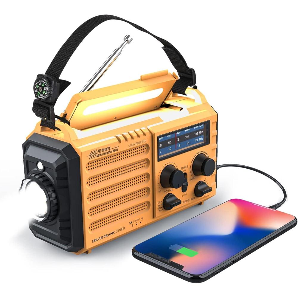 image:imageRaynic Weather Radio 5000mAh18500mWh NOAA Weather Radio Solar Hand Crank Emergency Radio with AMFMSWNOAA Weather Alert Flashlight Reading Lamp Cell Phone Charger and SOS SirenYellow
