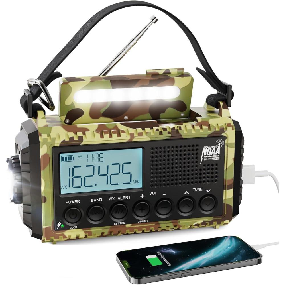 image:imageRaynic Weather Radio 5000mAh18500mWh NOAA Weather Radio Solar Hand Crank Emergency Radio with AMFMSWNOAA Weather Alert Flashlight Reading Lamp Cell Phone Charger and SOS SirenCamoGreenLCD Display