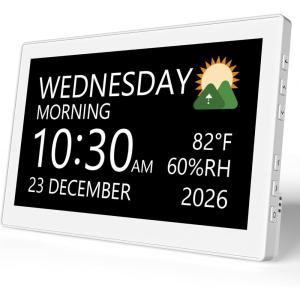 image:imageRaynic Digital Clock 101 Inch Large Display Calendar Clock with 12 Themes 20 Alarms 20 Reminders Auto Dimming 1224 Hours Indoor Temperature Humidity for Seniors Desk BlackWhite