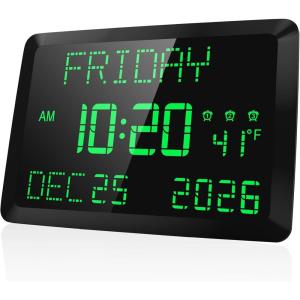 image:imageRaynic Digital Clock 115 Large Display Calendar Clock with Day and Date Indoor Temperature Adjustable Brightness Snooze1224H DST for Home Office ElderlyGreen Font