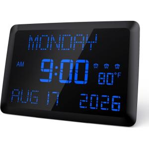 image:imageRaynic Digital Clock 115 Large Display Calendar Clock with Day and Date Indoor Temperature Adjustable Brightness Snooze1224H DST for Home Office ElderlyBlue Font