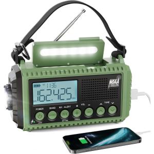 image:imageRaynic Weather Radio 5000mAh18500mWh NOAA Weather Radio Solar Hand Crank Emergency Radio with AMFMSWNOAA Weather Alert Flashlight Reading Lamp Cell Phone Charger and SOS SirenOliveGreenLCD Display